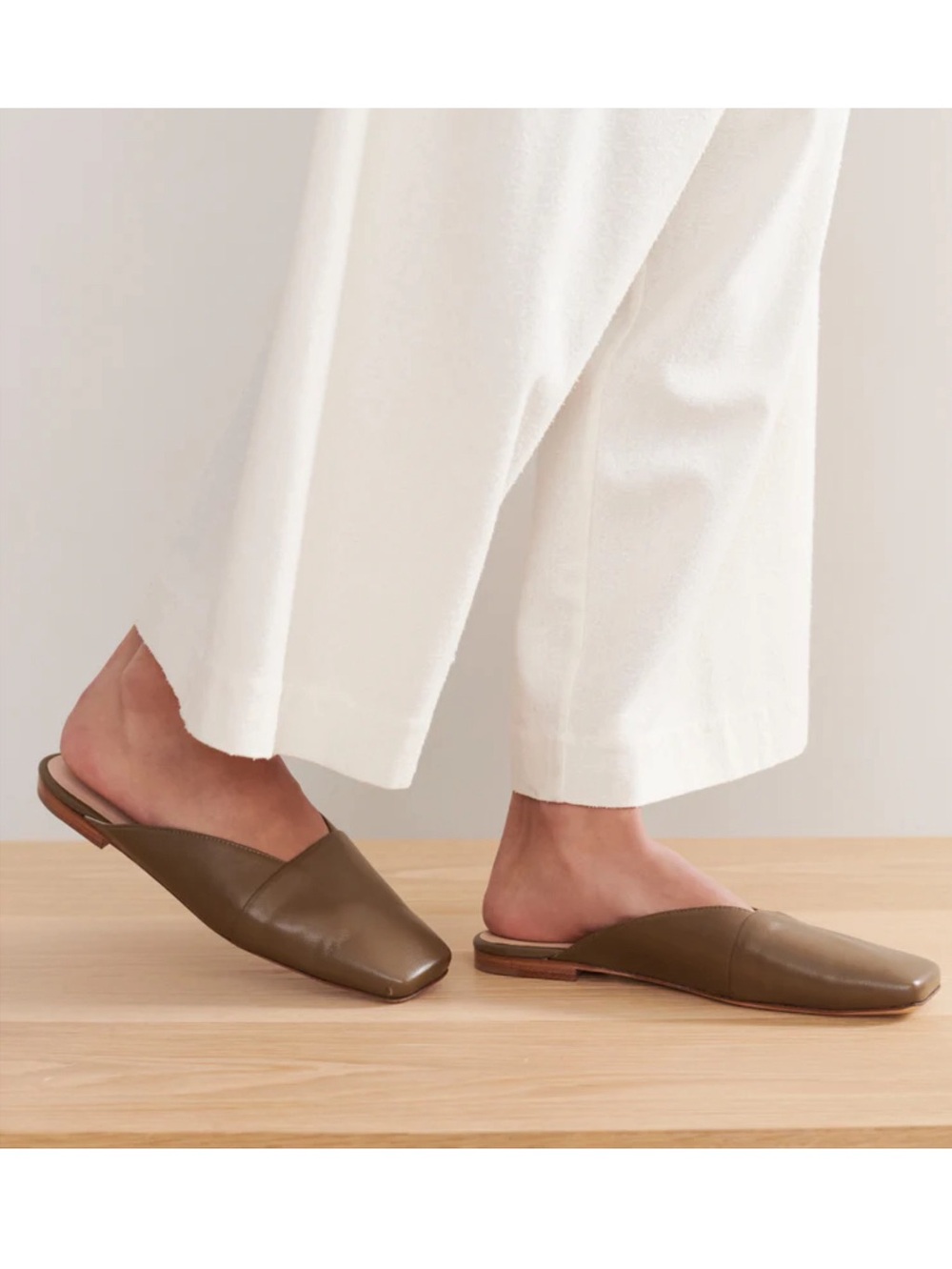 Jenni Kayne Mia Mule 39 Olive Brown Leather Square Toe Minimalist Flat
